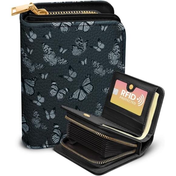 RFID Leather Card Holder Wallet for Women Small Zipper ID Coin Purse Butterfly - Picture 1 of 7